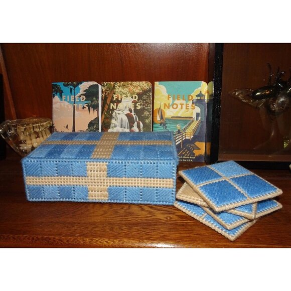 Vintage Blue Plastic Canvas Coaster Set 8 with Holder needlepoint handmade retro - Picture 9 of 10